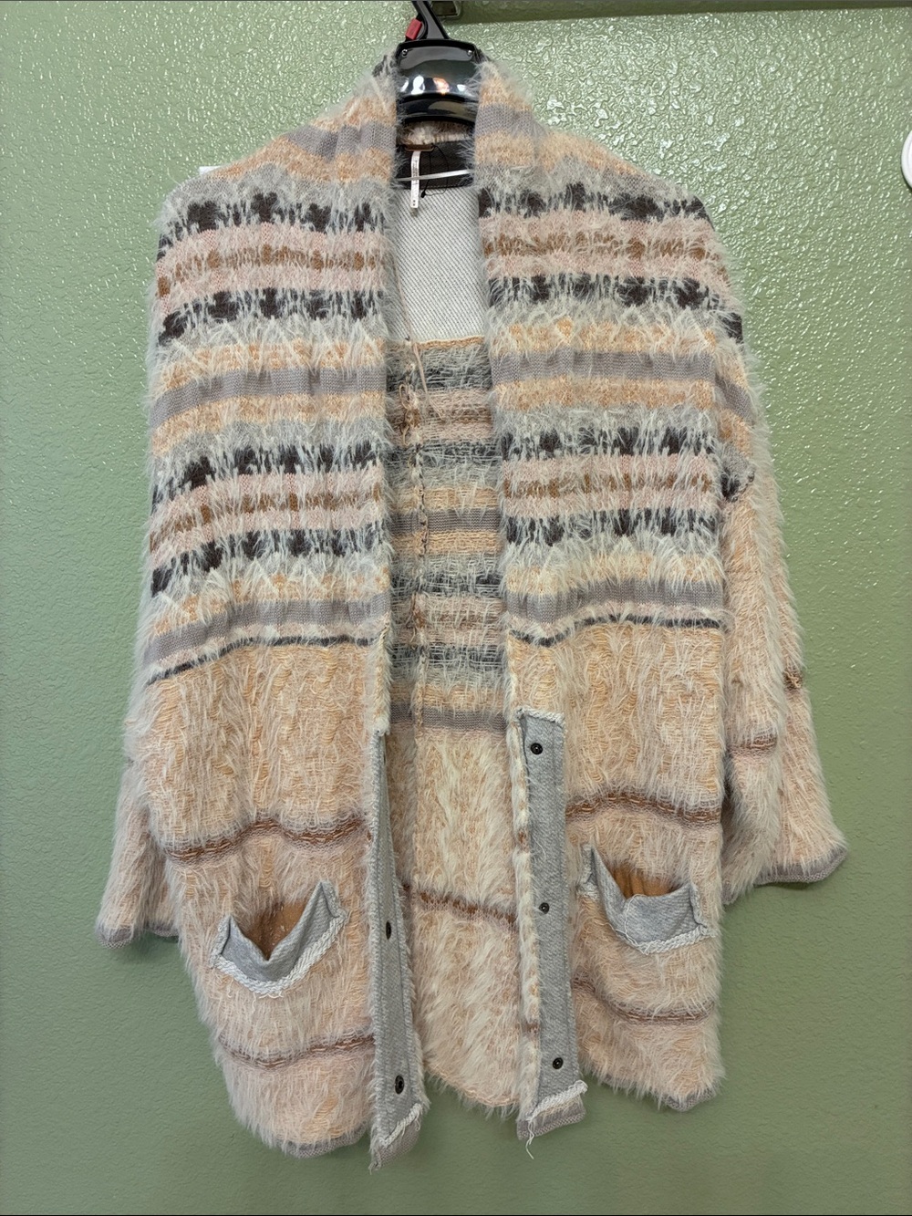 Free People Fuzzy Striped Open Cardigan in Beige, Gray, Brown bohemian style